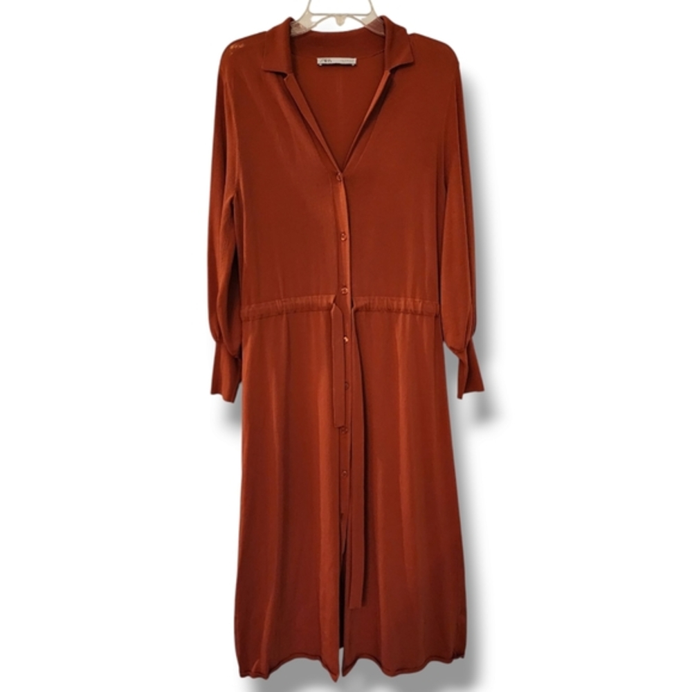 Zara Burnt Orange Knit Button Down Tie Waist Shirt Midi Dress M